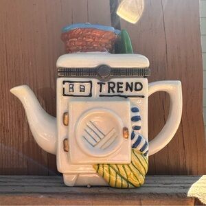 Vintage Whimsical White Teapot Trinket Box with Laundry Trend Front